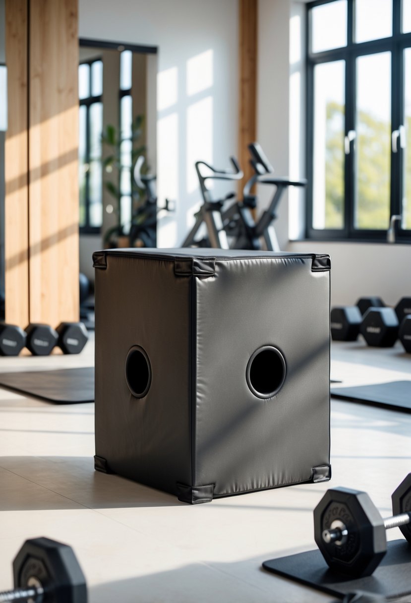 A home gym with a plyometric box on the floor surrounded by exercise equipment and natural light coming through large windows.