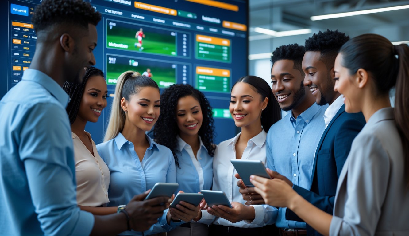 Sekelompok orang muda yang percaya diri sedang melihat layar digital dengan data taruhan olahraga di kantor modern.