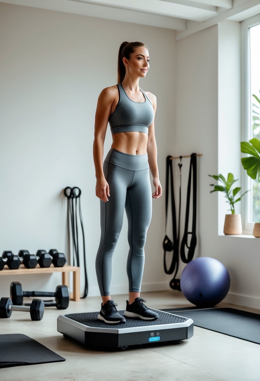 Person using a vibration plate machine in a bright, organized home gym with various workout equipment around.