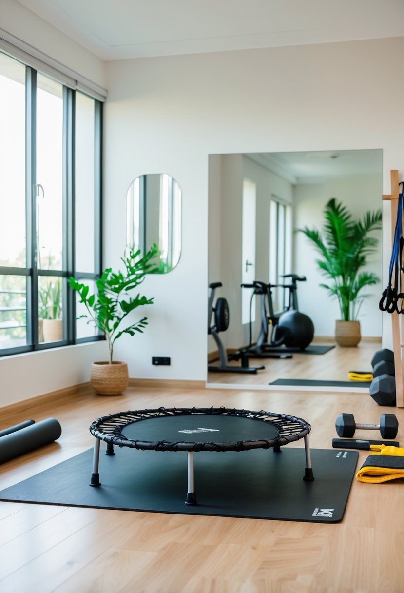 A mini trampoline set up in a bright home gym room with exercise equipment and natural light.