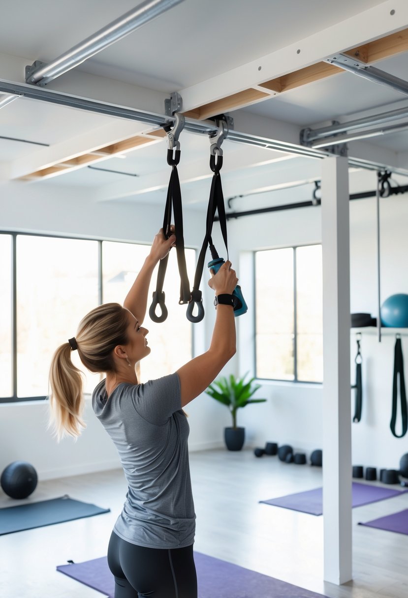 Person installing ceiling hooks in a home gym for aerial yoga hammocks.