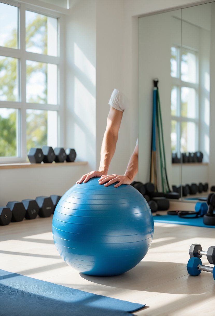 A large blue stability ball in a bright home gym with workout equipment and sunlight coming through windows.