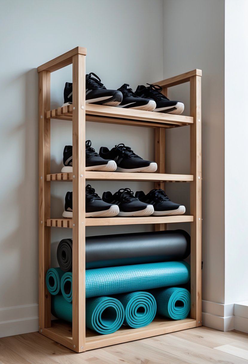 A wooden shoe rack with workout mats stored underneath in a clean home gym corner.