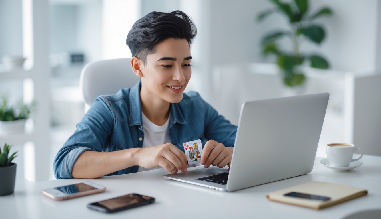 Seorang dewasa muda duduk di meja modern menggunakan laptop untuk bermain game kartu online dengan ekspresi fokus dan santai.