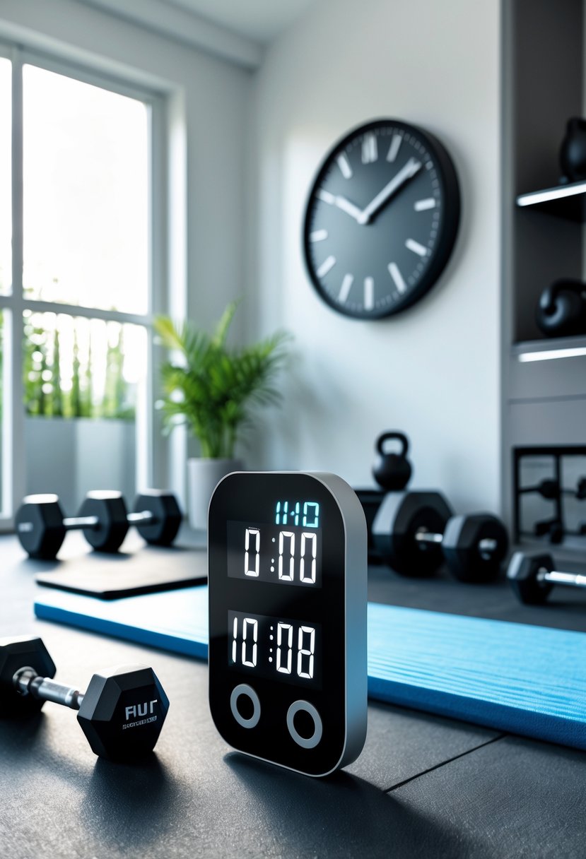 A home gym with a digital timer and wall clock near workout equipment including dumbbells and a yoga mat.