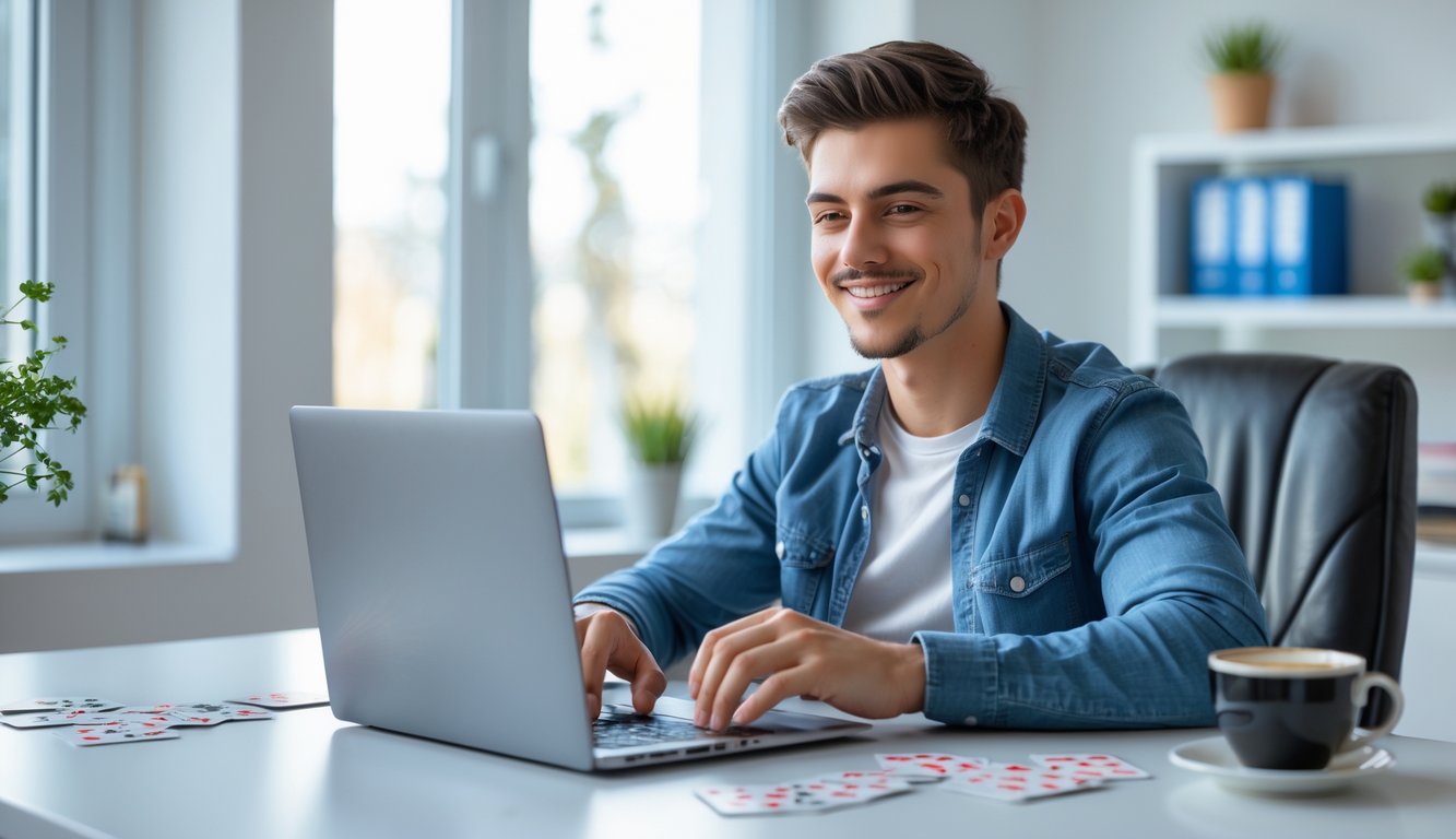 Seorang pria muda duduk di meja dengan laptop, bermain kartu online dengan fokus dan percaya diri di ruang kerja rumah yang terang.