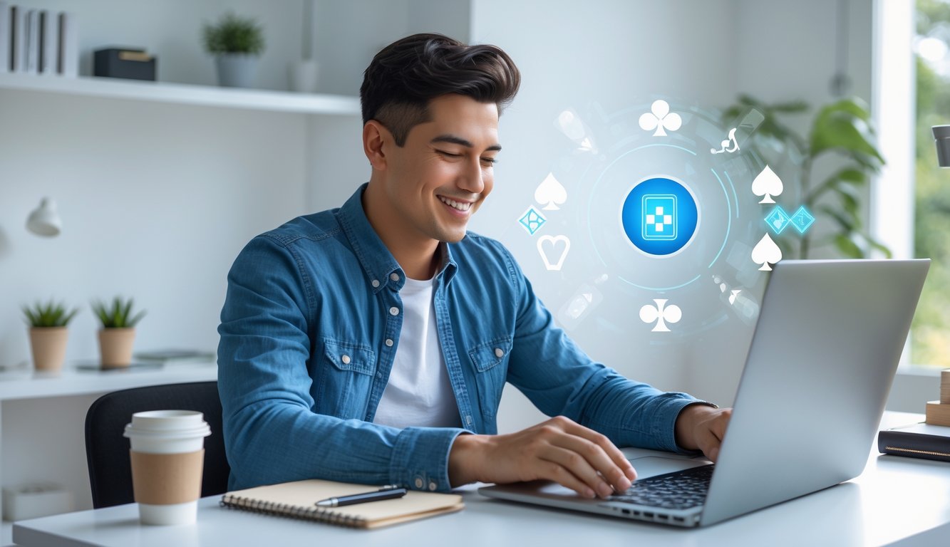 Seorang pria muda duduk di meja sambil bermain permainan kartu online di laptop dengan ekspresi fokus dan percaya diri di ruang kerja yang terang.