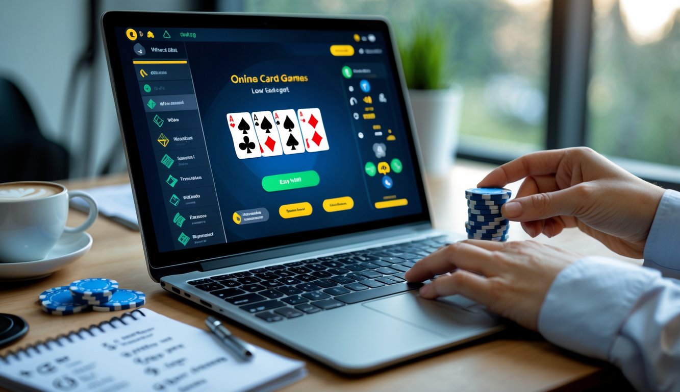 Seseorang sedang bermain kartu secara online dengan laptop dan menaruh chip poker kecil di meja, di ruang kerja yang terang.