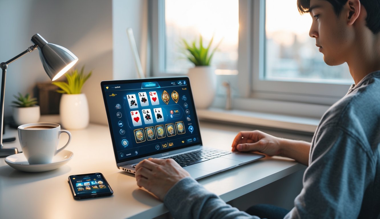 Seorang dewasa muda bermain permainan kartu online di depan laptop di ruang kerja rumah yang nyaman.