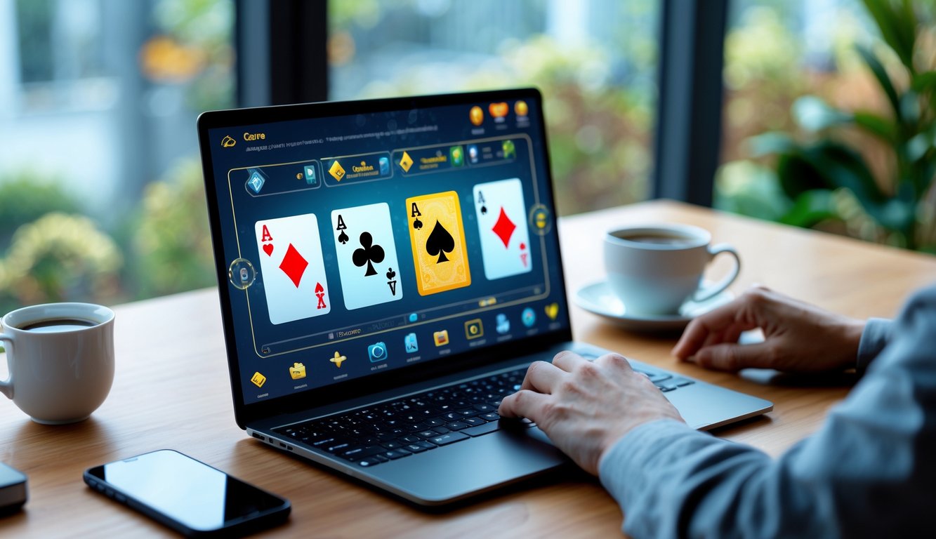 Meja kerja dengan laptop yang menampilkan permainan kartu online, ponsel, dan cangkir kopi dengan tangan seseorang yang sedang menggunakan laptop.