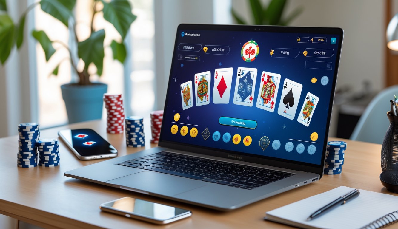Meja kerja dengan laptop yang menampilkan permainan kartu digital, dikelilingi oleh chip poker dan ponsel, di ruangan yang terang dan nyaman.