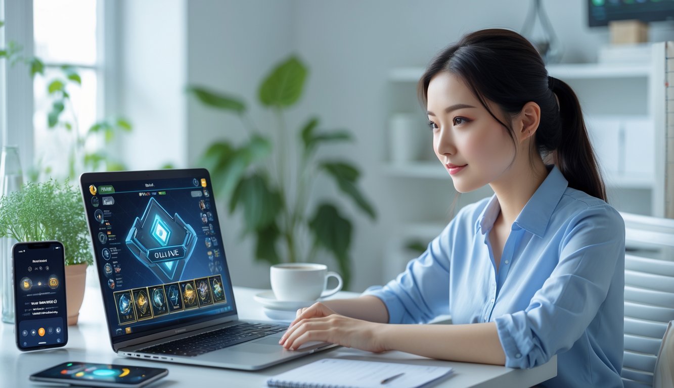 Seorang wanita muda sedang duduk di meja dengan laptop yang menampilkan permainan kartu online, tampak fokus dan serius.