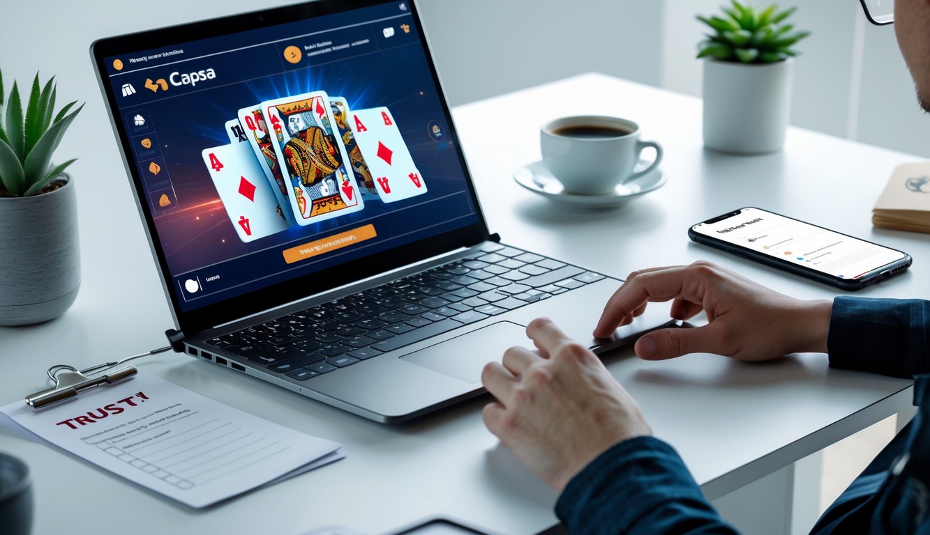 Seorang pengguna sedang bermain permainan kartu online di laptop di meja kerja yang rapi dengan kopi dan ponsel di sampingnya.