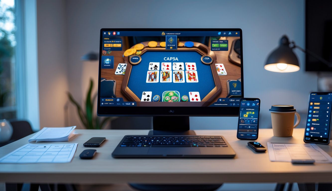 Seorang pemain sedang bermain Capsa online di depan komputer dengan kartu dan chip terlihat di layar, di meja terdapat catatan dan ponsel, suasana ruang kerja yang rapi dan terang.