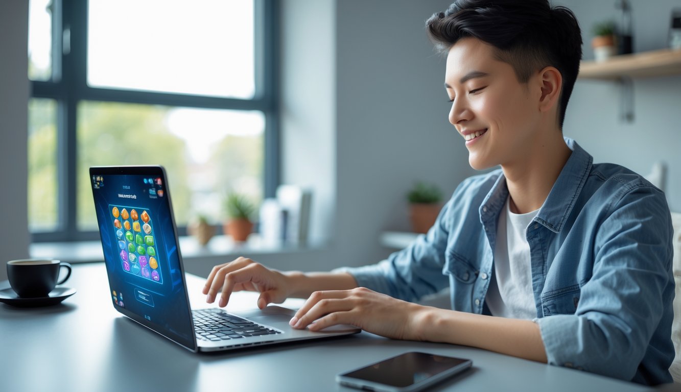 Seseorang sedang bermain permainan kartu online dengan santai di meja kerja di rumah.