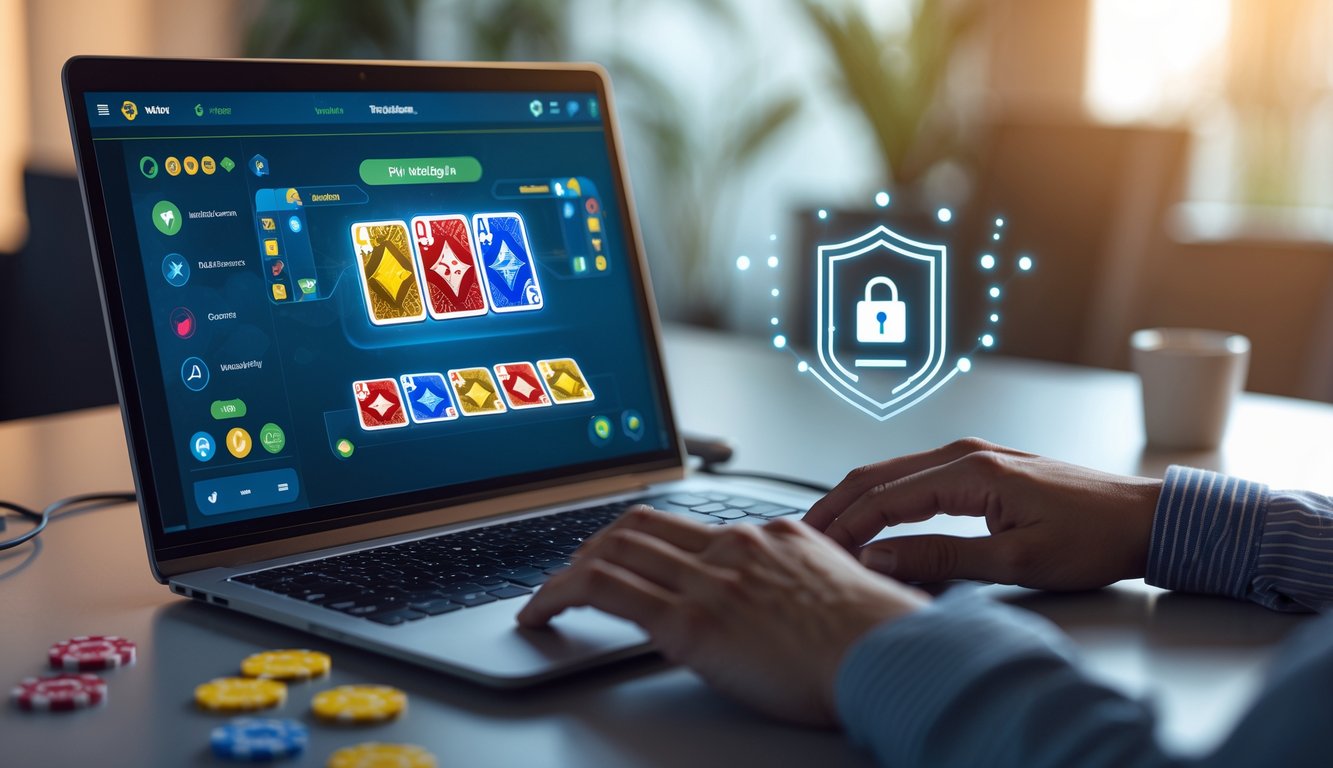 Seorang pemula bermain permainan kartu Capsa online di laptop dengan simbol keamanan di layar, di meja terdapat smartphone dan suasana yang tenang.