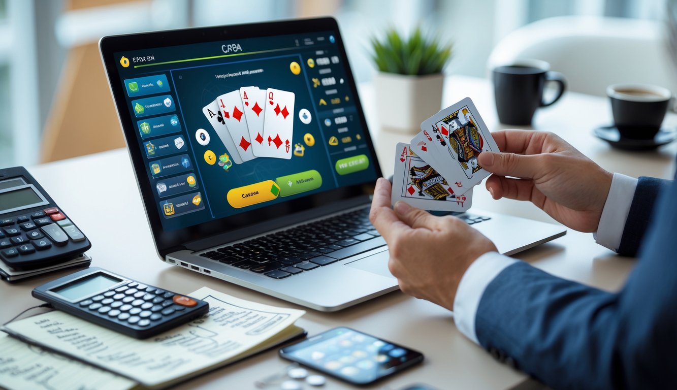 Seseorang sedang mengelola modal saat bermain Capsa Online di laptop dengan catatan dan alat bantu keuangan di meja.