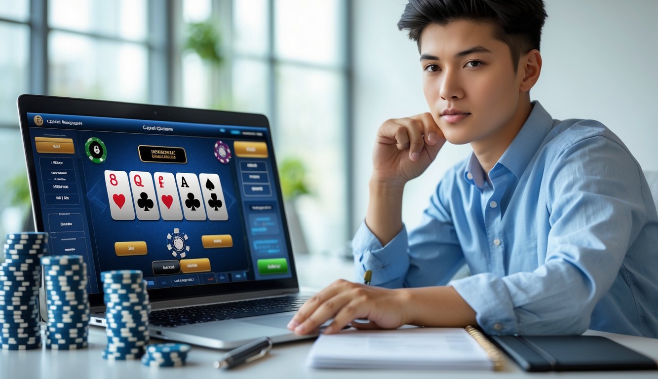 Seorang dewasa muda duduk di meja dengan laptop yang menampilkan permainan Capsa online, dikelilingi oleh tumpukan chip poker dan buku catatan, menunjukkan fokus pada pengelolaan modal.