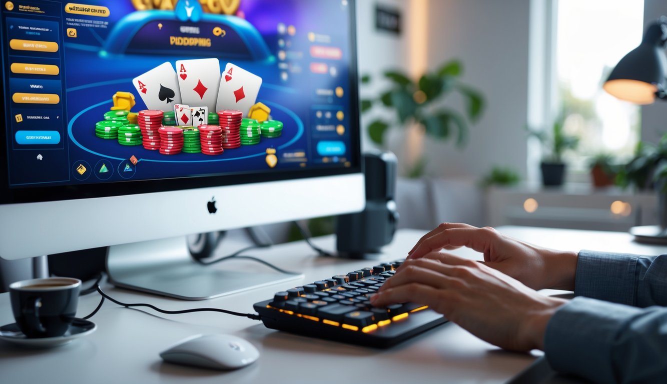 Seseorang bermain permainan kartu online di depan komputer di ruang kerja yang nyaman.