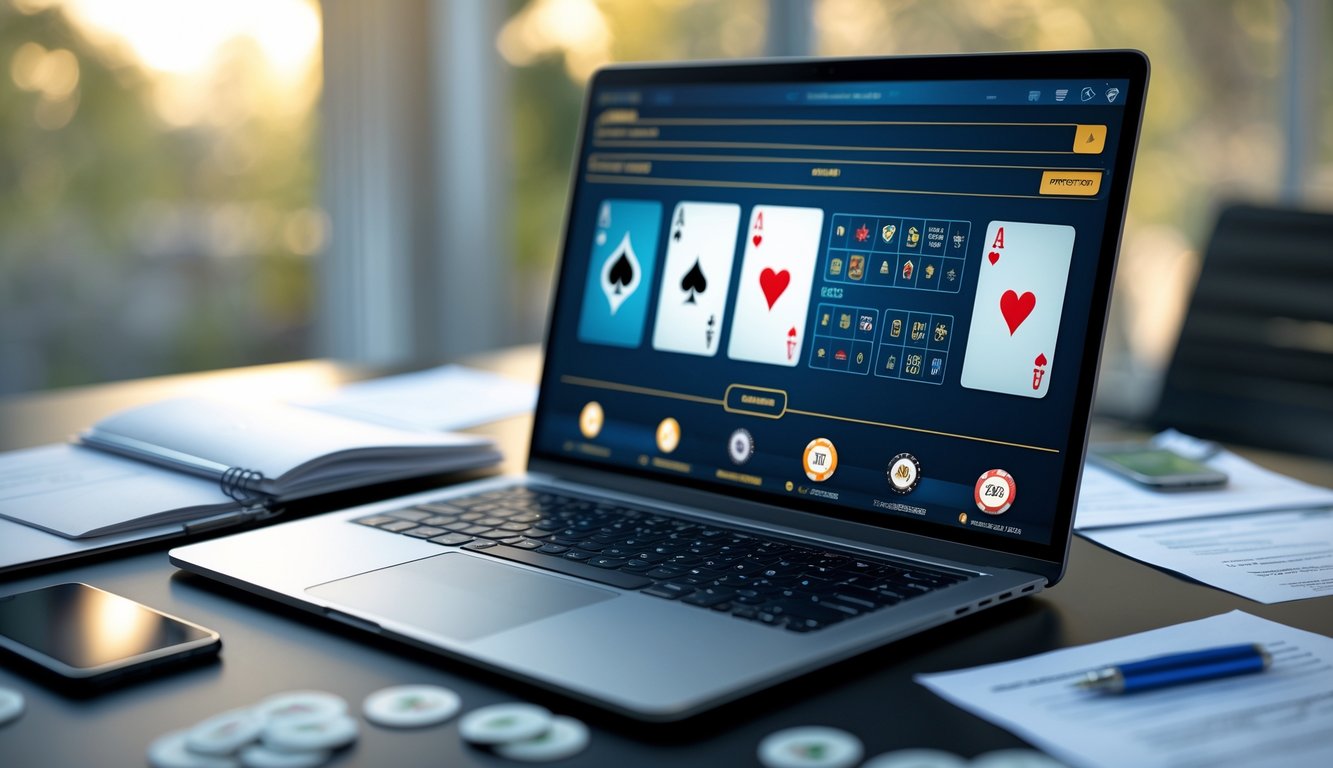Meja kerja modern dengan laptop yang menampilkan permainan kartu online dan alat tulis di sekitarnya.