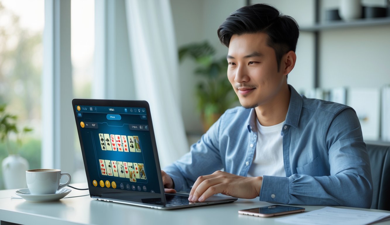 Seorang pria muda Asia bermain permainan kartu Capsa online di laptop di ruang kerja rumah yang terang dan rapi.