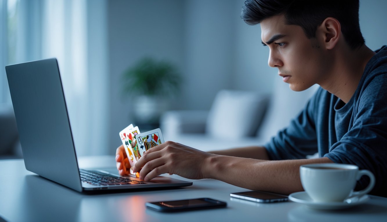 Seorang pria muda fokus bermain Capsa Online di laptop di ruangan modern dengan pencahayaan yang baik.