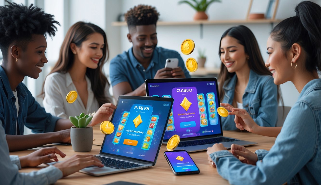 Beberapa orang muda menggunakan laptop dan ponsel untuk bermain game kartu online di ruang kerja modern yang terang dan rapi.