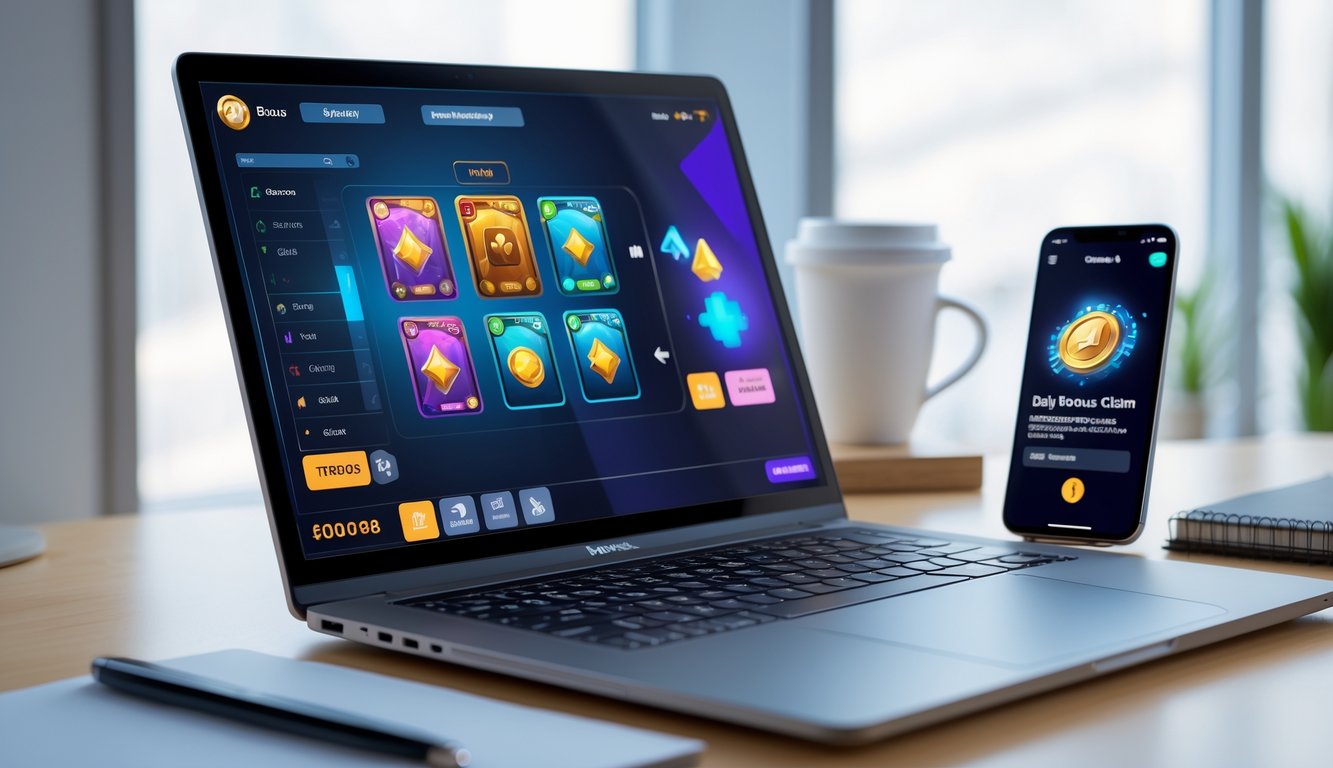 Meja kerja dengan laptop yang menampilkan permainan kartu online dan ponsel yang menunjukkan notifikasi bonus harian.