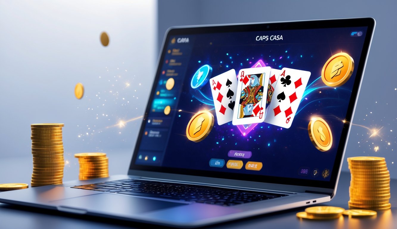 Sebuah laptop menampilkan permainan kartu Capsa online dengan koin dan ikon bonus di sekitarnya, menggambarkan suasana permainan dan hadiah harian untuk pemain baru.