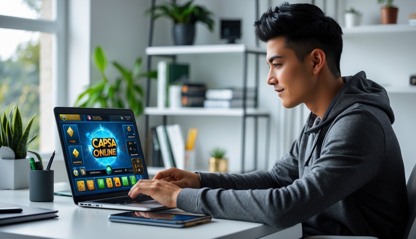 Seorang pria muda duduk di meja dengan laptop yang menampilkan permainan kartu digital, di ruang kerja rumah yang terang dan rapi.