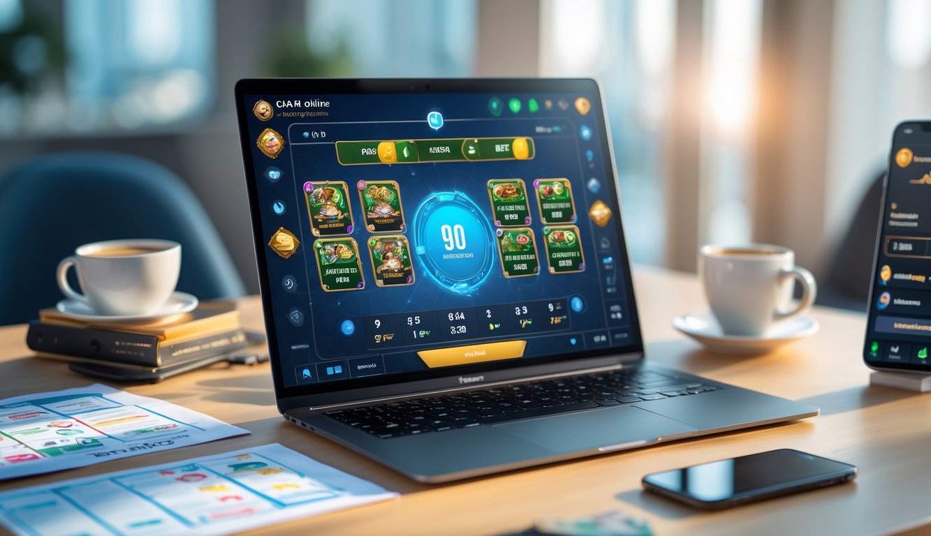 Seorang pria sedang bekerja di depan laptop dengan tampilan permainan kartu online dan catatan strategi di meja.