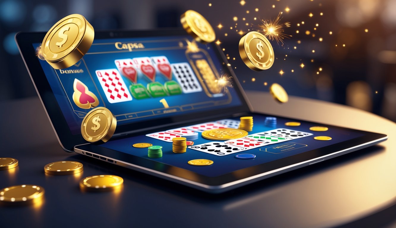 Seseorang menggunakan perangkat digital untuk bermain permainan kartu Capsa dengan suasana yang cerah dan menarik.