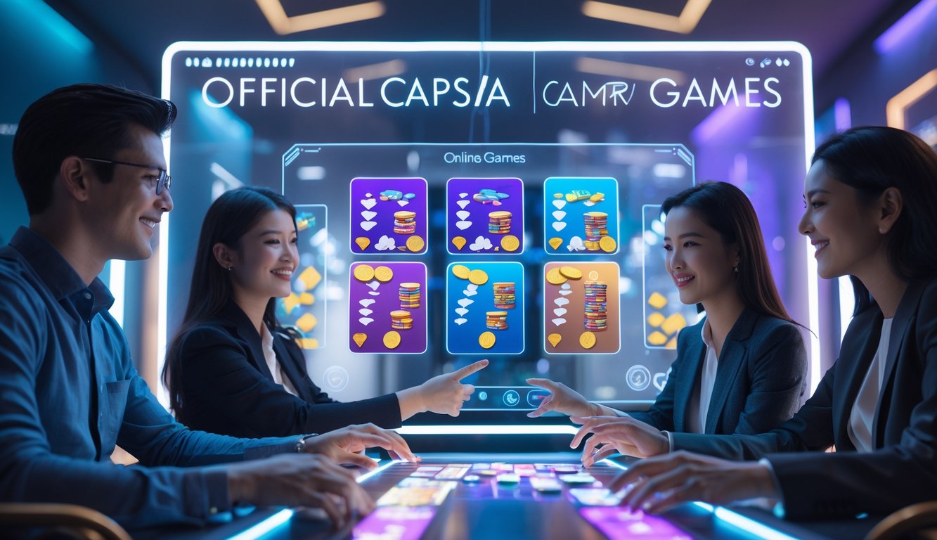 Beberapa orang muda sedang bermain permainan kartu Capsa secara online di ruangan modern dengan layar digital besar dan suasana yang cerah.