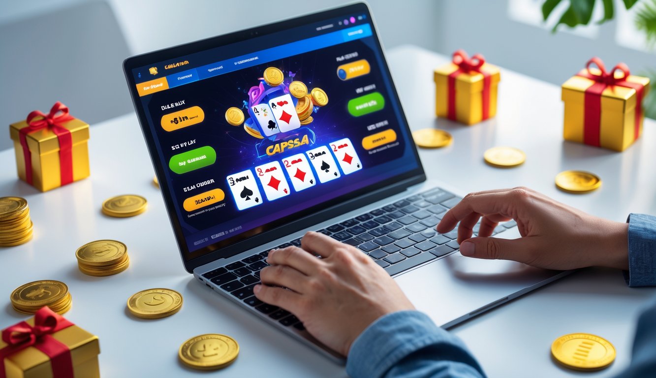 Seseorang menggunakan laptop dengan tampilan permainan kartu online dan simbol bonus harian di sekitarnya.