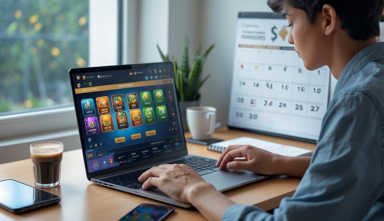 Seorang dewasa muda sedang bermain permainan kartu online di laptop di ruang kerja rumah yang terang dengan secangkir kopi dan alat tulis di meja.