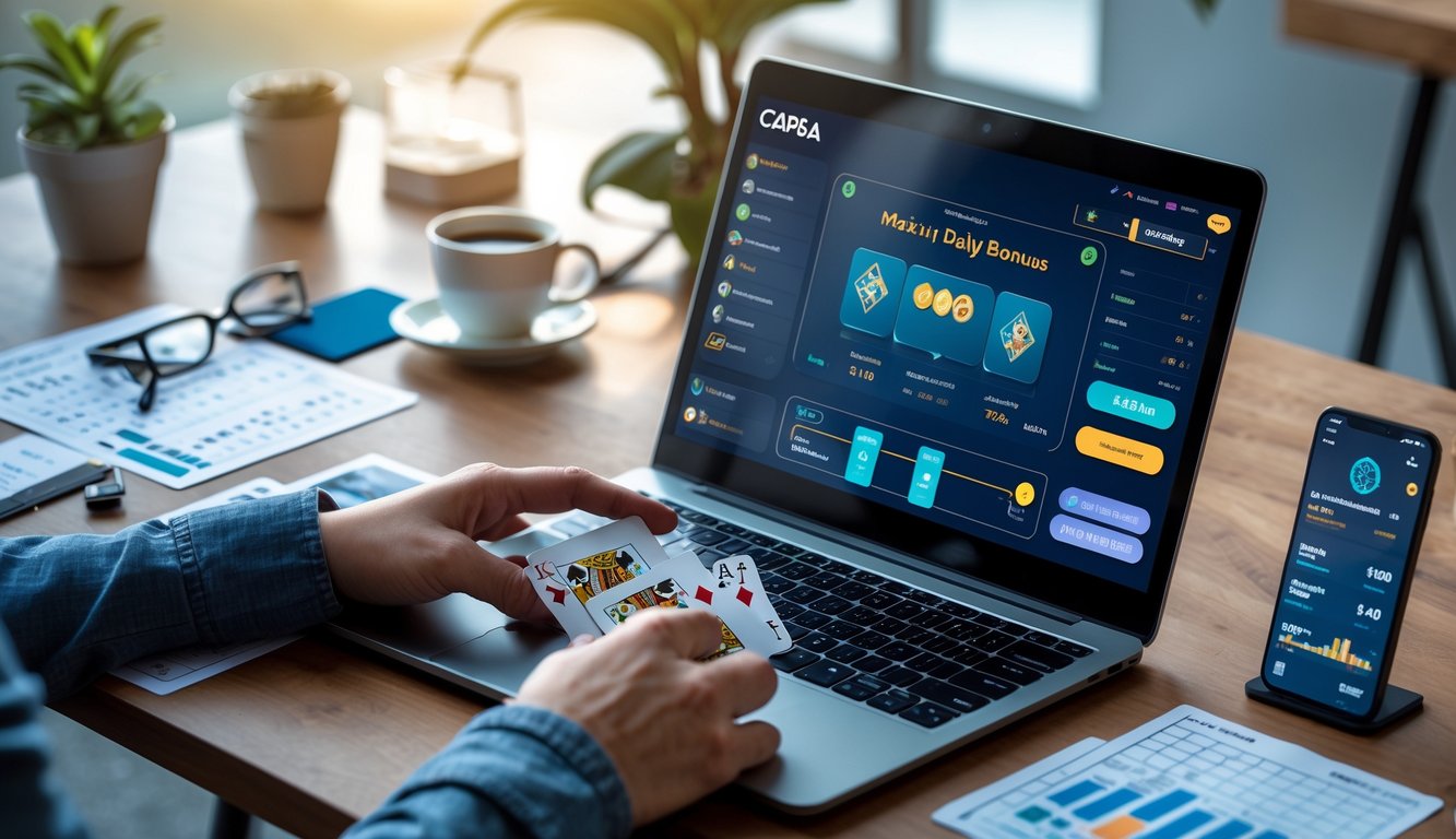 Seseorang sedang bermain kartu Capsa secara online di depan laptop dengan catatan dan ponsel di meja, menunjukkan suasana fokus dan strategi bermain.