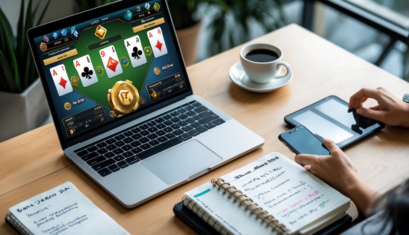 Pemandangan atas meja kerja dengan laptop yang menampilkan permainan kartu online Capsa, buku catatan strategi, kopi, dan ponsel dengan notifikasi bonus harian.