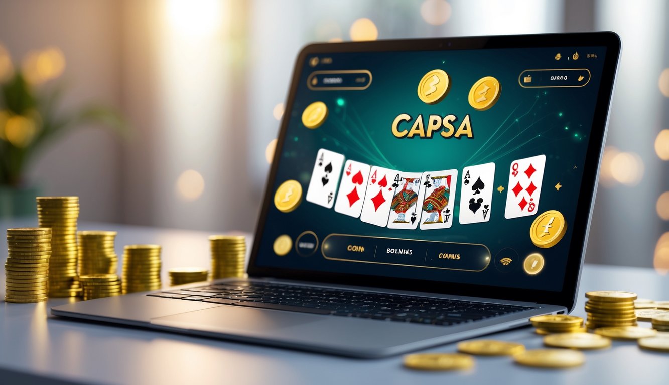 Seorang pemain sedang menggunakan laptop untuk bermain Capsa online dengan kartu digital di layar dan koin virtual di sekitar perangkat.