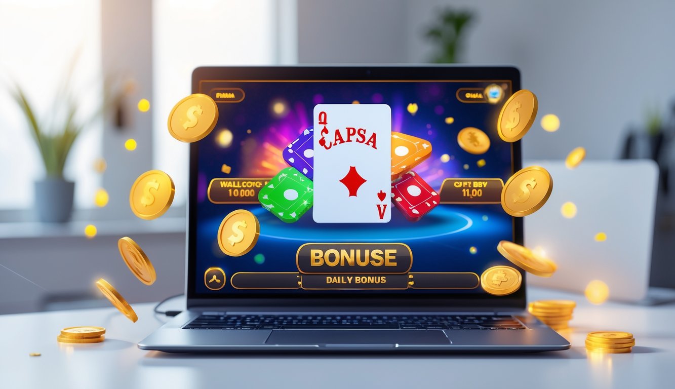Seorang pemain menggunakan komputer dengan tampilan permainan kartu Capsa online dan ikon hadiah digital di sekitarnya.