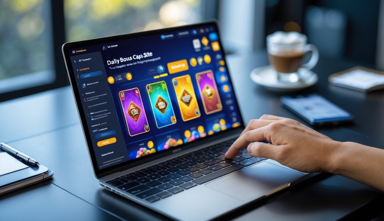 Seseorang menggunakan laptop dengan tampilan permainan kartu Capsa online di meja kerja yang rapi.