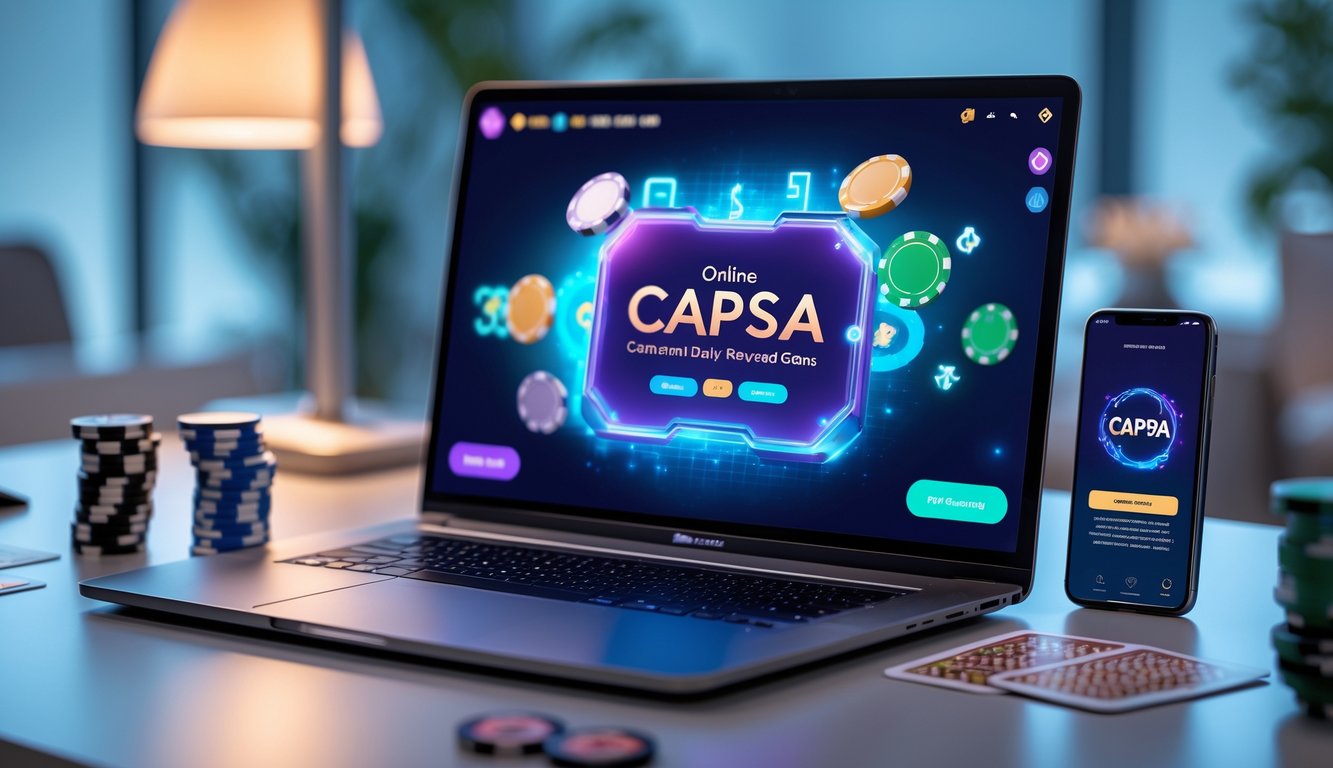 Seorang pengguna duduk di depan laptop dengan layar menampilkan permainan Capsa online dan bonus harian, di meja terdapat chip poker dan kartu remi.