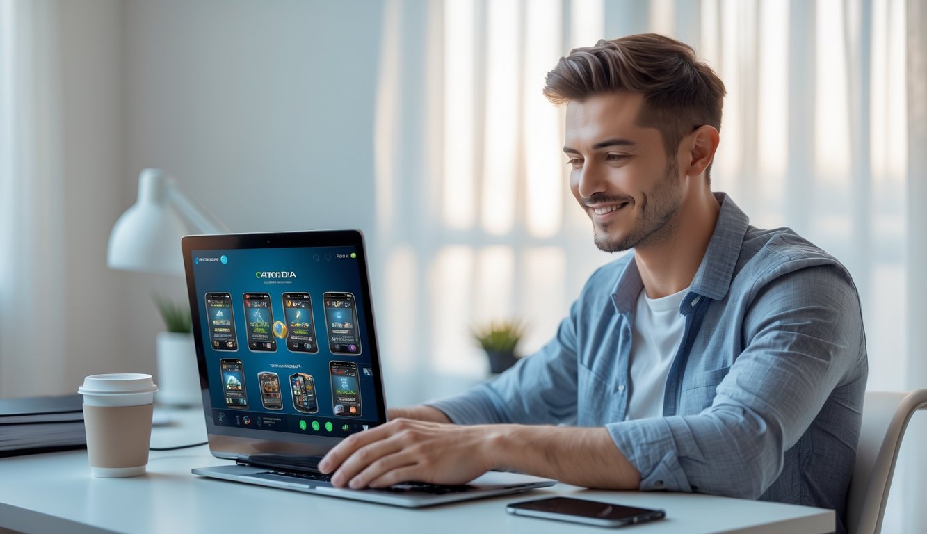 Seorang pria muda duduk di meja kerja di rumah sambil bermain permainan kartu online di laptop dengan ekspresi fokus dan santai.