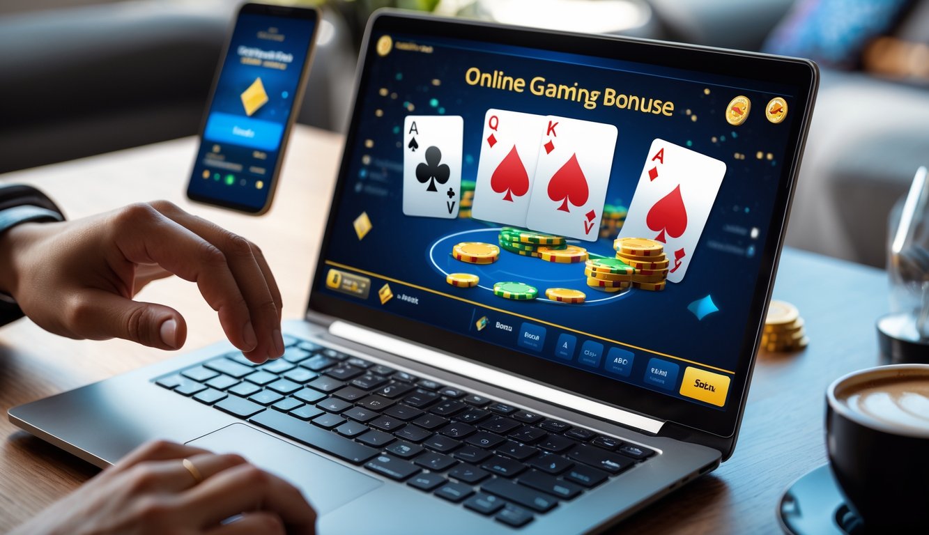 Meja kerja modern dengan laptop yang menampilkan permainan kartu digital Capsa, tangan sedang menyentuh keyboard, dan smartphone di samping yang menunjukkan notifikasi bonus.