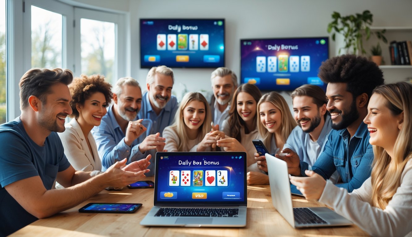 Sekelompok orang bermain permainan kartu online bersama di ruang tamu yang terang dengan perangkat laptop dan ponsel.