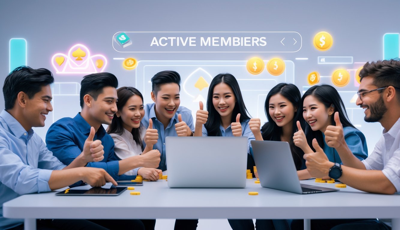 Sekelompok orang beragam usia dan etnis sedang bermain game online dengan gembira menggunakan perangkat digital di lingkungan modern.