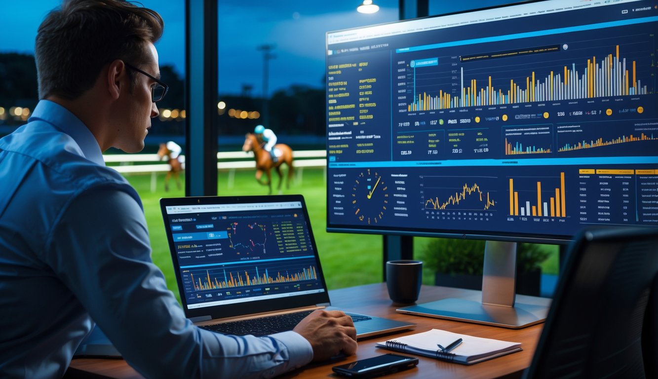 Seorang analis memeriksa data balap kuda malam hari di kantor dengan layar digital besar dan lintasan kuda terlihat di luar jendela.