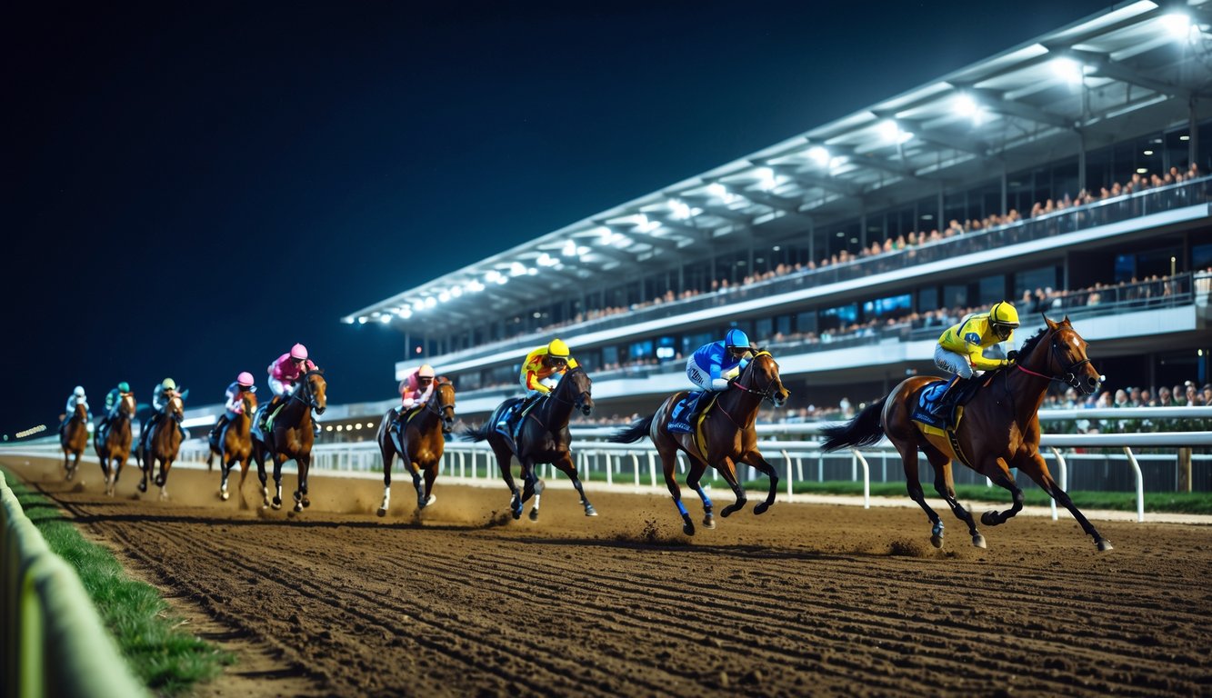 Balapan kuda malam hari dengan beberapa kuda dan joki yang sedang berlari di lintasan dengan penonton di tribun.