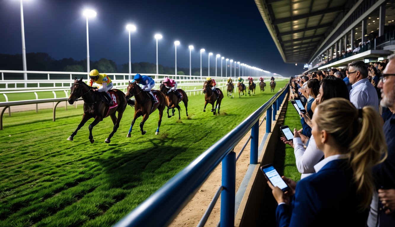 Adegan balapan kuda malam hari dengan kuda berlari cepat dan penonton yang memperhatikan dengan serius.