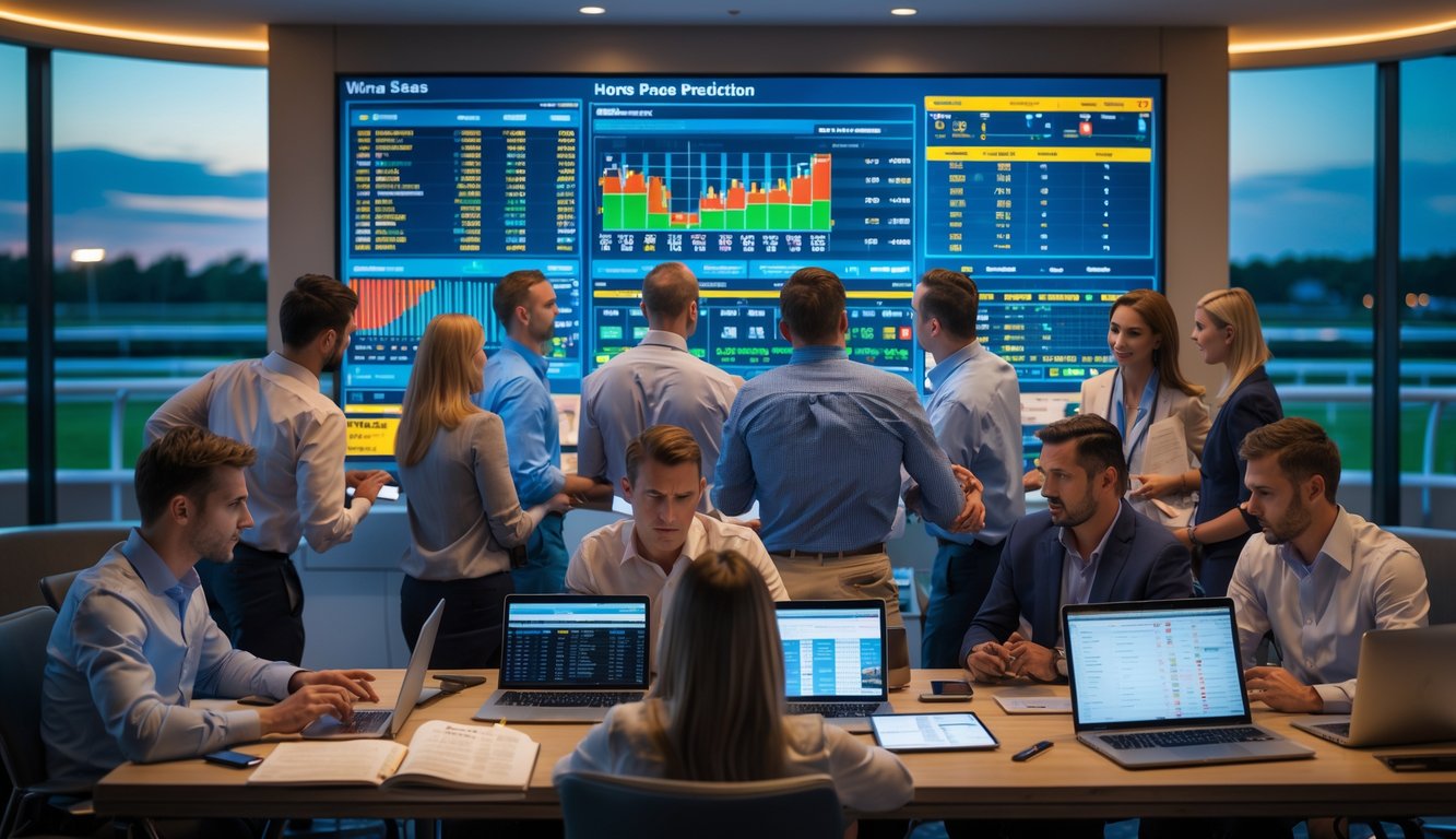 Sekelompok orang sedang menganalisis data balap kuda malam hari di sebuah ruangan modern dengan layar digital dan pemandangan lintasan kuda di luar jendela.