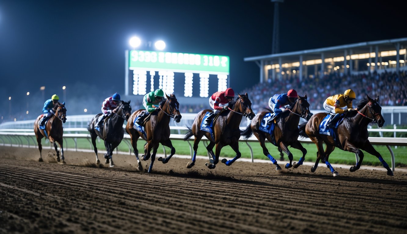 Adegan balap kuda malam hari dengan joki mengenakan pakaian warna-warni sedang berlomba di lintasan dengan penonton di latar belakang.